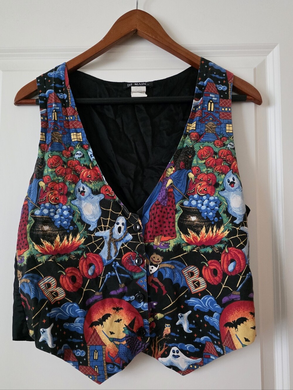 Vintage 90s Halloween Vest Womens M Boo Ghost Witches Gothic Bats Retro - Picture 1 of 7